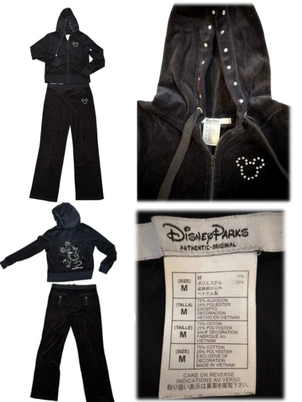 Disney Parks Med Y2K Velour Tracksuit Rhinestone Mickey Mouse Pants Hoodie WDW